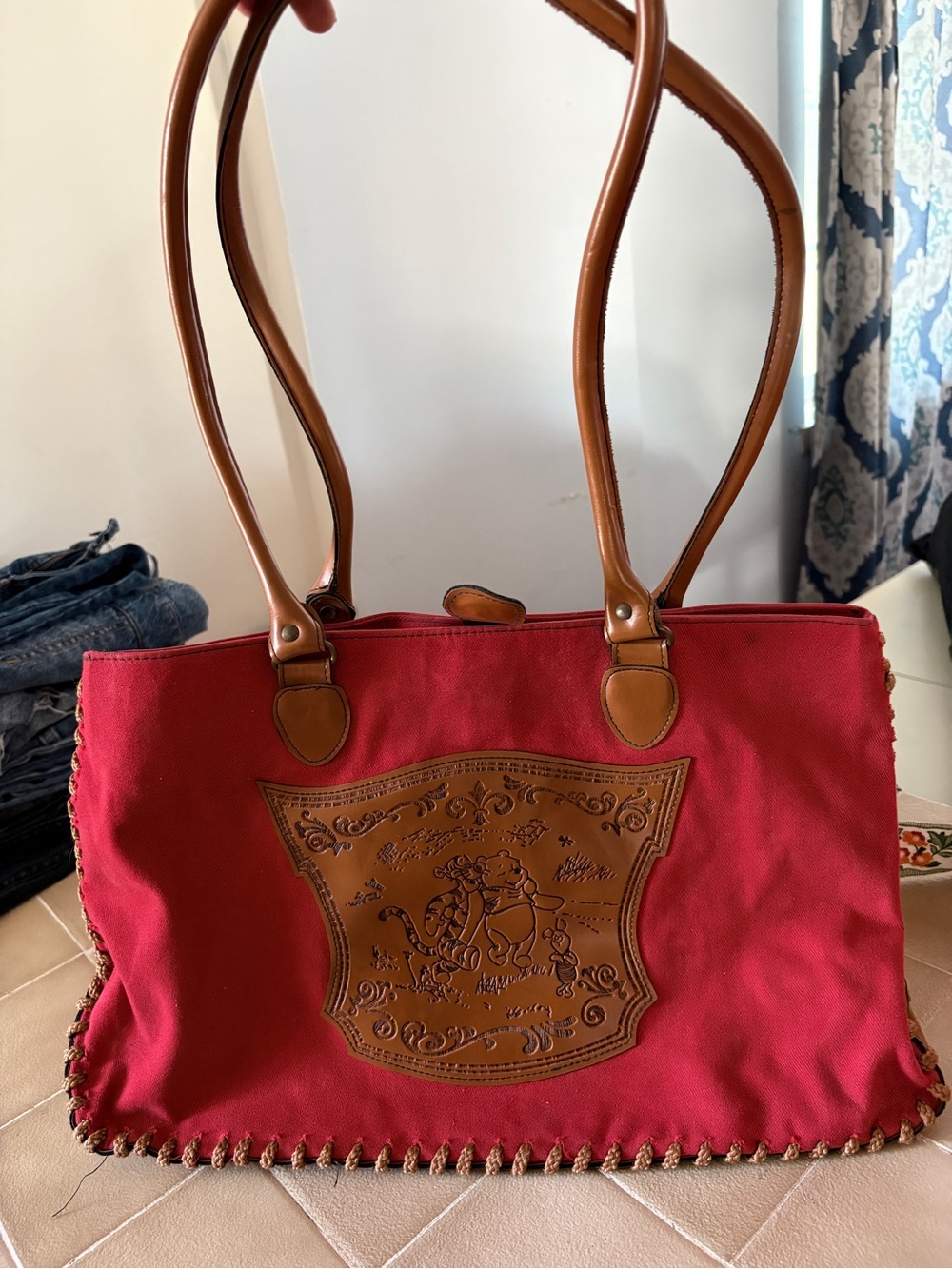 Winnie the Pooh Disney Red Canvas Tote Bag with Brown Leather Trim